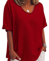 Damen-Oversized-T-Shirt mit V-Ausschnitt und kurzen Ärmeln in Rot