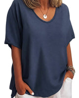 Damen-Oversized-T-Shirt mit V-Ausschnitt und kurzen Ärmeln in Marineblau