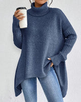 Annika | Damen Oversized Turtleneck Sweater Langer Rollkragenpullover Gerippte Bündchen in Ozeanblau