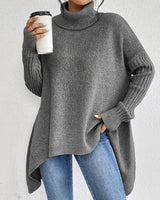 Annika | Damen Oversized Turtleneck Sweater Langer Rollkragenpullover Gerippte Bündchen in Stein Grau