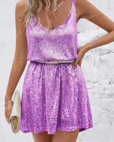 Amelie | Damen Pailletten Abendkleid Ärmellos V-Ausschnitt Mini Cocktailkleid in Lila
