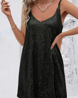 Amelie | Damen Pailletten Abendkleid Ärmellos V-Ausschnitt Mini Cocktailkleid in Schwarz