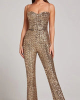 Damen Pailletten Jumpsuit mit Herzausschnitt und weiten Hosenbeinen in Gold