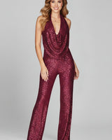 Annika | Damen Pailletten Jumpsuit Weites Bein Neckholder Wasserfall-Ausschnitt in Burgunderrot