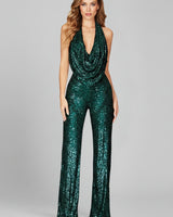 Annika | Damen Pailletten Jumpsuit Weites Bein Neckholder Wasserfall-Ausschnitt in Grün