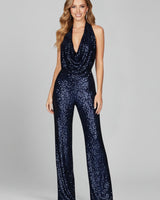 Annika | Damen Pailletten Jumpsuit Weites Bein Neckholder Wasserfall-Ausschnitt in Marineblau