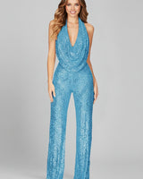 Annika | Damen Pailletten Jumpsuit Weites Bein Neckholder Wasserfall-Ausschnitt in Hellblau