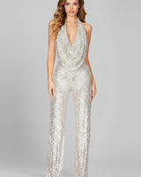 Annika | Damen Pailletten Jumpsuit Weites Bein Neckholder Wasserfall-Ausschnitt in Silber