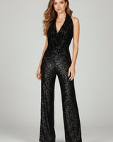 Annika | Damen Pailletten Jumpsuit Weites Bein Neckholder Wasserfall-Ausschnitt in Schwarz