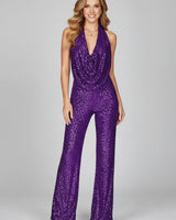 Annika | Damen Pailletten Jumpsuit Weites Bein Neckholder Wasserfall-Ausschnitt in Lila