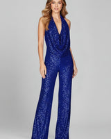 Annika | Damen Pailletten Jumpsuit Weites Bein Neckholder Wasserfall-Ausschnitt in Blau