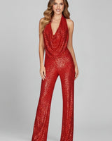 Annika | Damen Pailletten Jumpsuit Weites Bein Neckholder Wasserfall-Ausschnitt in Rot