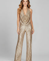 Annika | Damen Pailletten Jumpsuit Weites Bein Neckholder Wasserfall-Ausschnitt in Gold