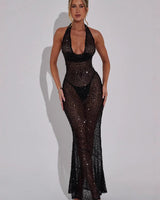 Damen Pailletten Maxikleid mit Halterneck Träger und Tiefem Cowl Ausschnitt in Schwarz