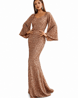Damen Pailletten-Maxikleid mit V-Ausschnitt und Ausgestellten Ärmeln in Hellbraun