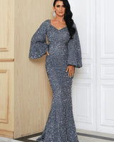 Damen Pailletten-Maxikleid mit V-Ausschnitt und Ausgestellten Ärmeln in Grau