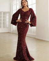 Damen Pailletten-Maxikleid mit V-Ausschnitt und Ausgestellten Ärmeln in Burgund