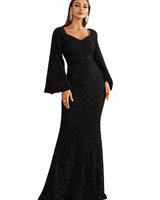 Damen Pailletten-Maxikleid mit V-Ausschnitt und Ausgestellten Ärmeln in Schwarz