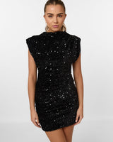 Damen Pailletten-Minikleid mit Rundhalsausschnitt und Strukturierten Schultern in Schwarz