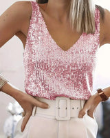 Damen Pailletten Top ärmellos mit V-Ausschnitt in Rosa