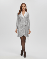 Damen Pailletten Wickelkleid Mini Elegant in Silber