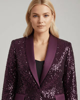 Damen Paillettenblazer mit Schalkragen und Ein-Knopf-Verschluss in Lila