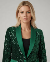Damen Paillettenblazer mit Schalkragen und Ein-Knopf-Verschluss in Grün