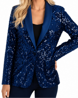 Damen Paillettenblazer mit Schalkragen und Ein-Knopf-Verschluss in Blau