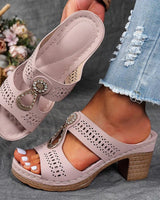 Damen Peep-Toe Mule-Sandalen mit Blockabsatz und Metallornament in Rosa