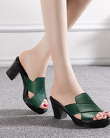 Damen Peep-Toe Mule-Sandalen mit Kreuzriemen und Blockabsatz in Grün