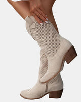 Luisa | Damen Perforierte Kniehohe Stiefel Westernstil Blockabsatz in Beige
