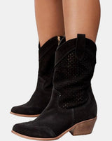 Luisa | Damen Perforierte Kniehohe Stiefel Westernstil Blockabsatz in Schwarz