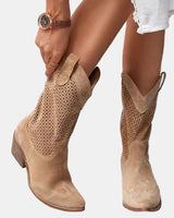 Luisa | Damen Perforierte Kniehohe Stiefel Westernstil Blockabsatz in Braun