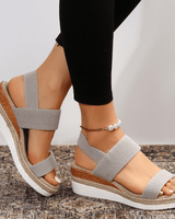 Damen-Plateau-Sandalen mit elastischen Riemen und Jute-Besatz in Grau