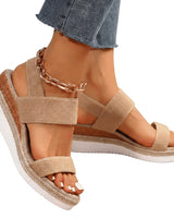 Damen-Plateau-Sandalen mit elastischen Riemen und Jute-Besatz in Beige
