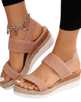 Damen-Plateau-Sandalen mit elastischen Riemen und Jute-Besatz in Rosa