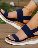 Damen-Plateau-Sandalen mit elastischen Riemen und Jute-Besatz in Marineblau