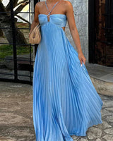 Damen Plissee Maxikleid mit Nackenträgern Aussparungen und geraffter Brustpartie in Blau