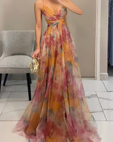 Damen Plissiertes Maxikleid mit Blumenmuster und Spaghettiträgern und Wickelausschnitt in Orange