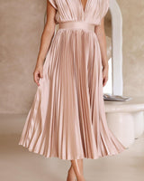 Damen Plissiertes Midikleid mit Tiefem V-Ausschnitt und Taillenband in Champagnerfarben