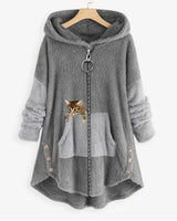 Elisabeth | Damen Plüsch Hoodie Pullover weicher Fleece-Reißverschluss-Sweatshirt mit Katzenmotiv in Grau