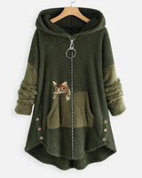 Elisabeth | Damen Plüsch Hoodie Pullover weicher Fleece-Reißverschluss-Sweatshirt mit Katzenmotiv in Grün