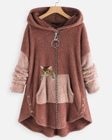 Elisabeth | Damen Plüsch Hoodie Pullover weicher Fleece-Reißverschluss-Sweatshirt mit Katzenmotiv in Rosa
