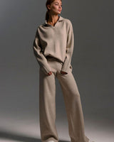 Elisabeth | Damen Polopullover und Weitbein-Hosen-Set Locker Geschnitten Zweiteilig in Khaki