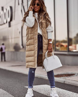 Sophie | Damen Puffer Vest Knielange Steppweste mit Kapuze Ärmellos in Beige