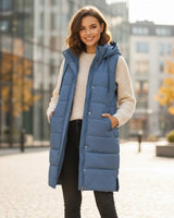 Sophie | Damen Puffer Vest Knielange Steppweste mit Kapuze Ärmellos in Blau