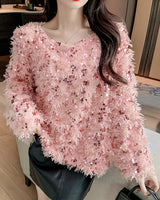 Damen Pullover mit Bootsausschnitt und Fransenoberfläche sowie Paillettenbesatz in Rosa