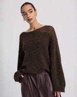 Damen Pullover mit Bootsausschnitt und langen Ärmeln in Braun