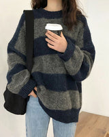Damen Pullover mit Breiten Streifen Rundhals Langen Ärmeln und Rippbündchen in Grau