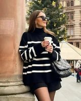 Damen Pullover mit Rollkragen horizontalen Streifen langen Ärmeln und gerippten Bündchen in Schwarz
